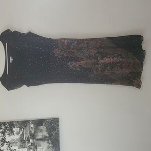 Vintage Calme Black Floral Sheer Overlay BoHo Dress Size Lg Flutter Split Sleeve